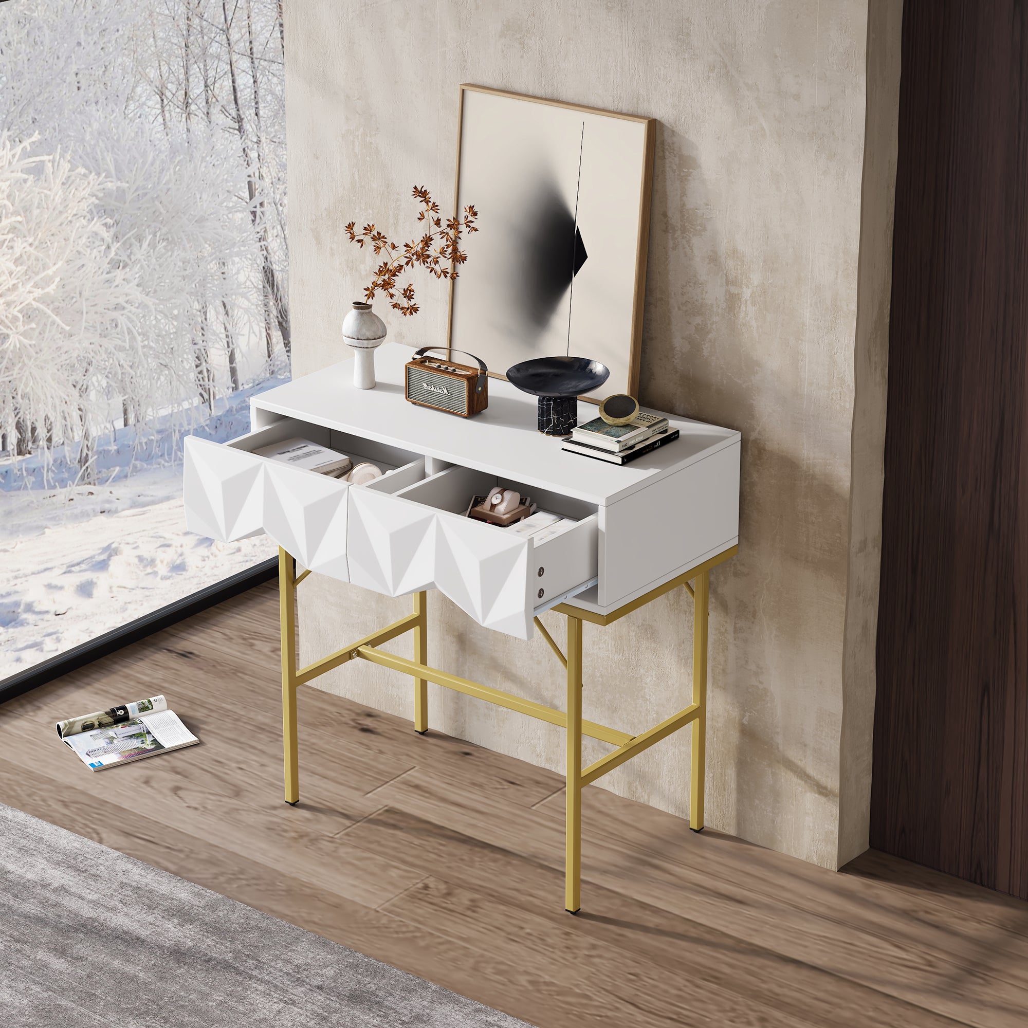 Table console moderne avec 2 tiroirs - 80 x 40 x 80 cm - MDF - pour salon, couloir - blanc + or - 2
