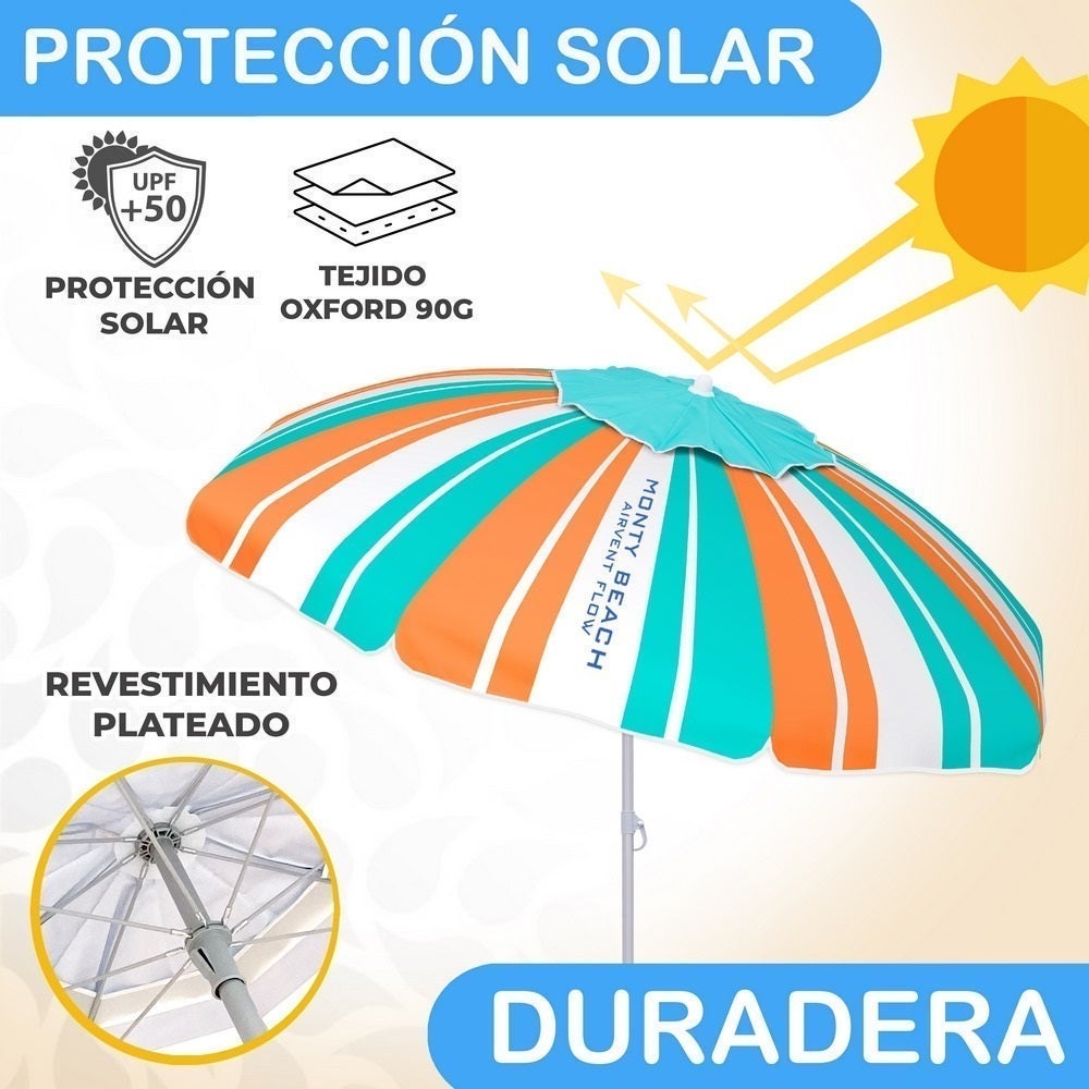 Sombrilla playa 180 cm y soporte arena, protección UV+50, Rayas multicolor MONTY - 3