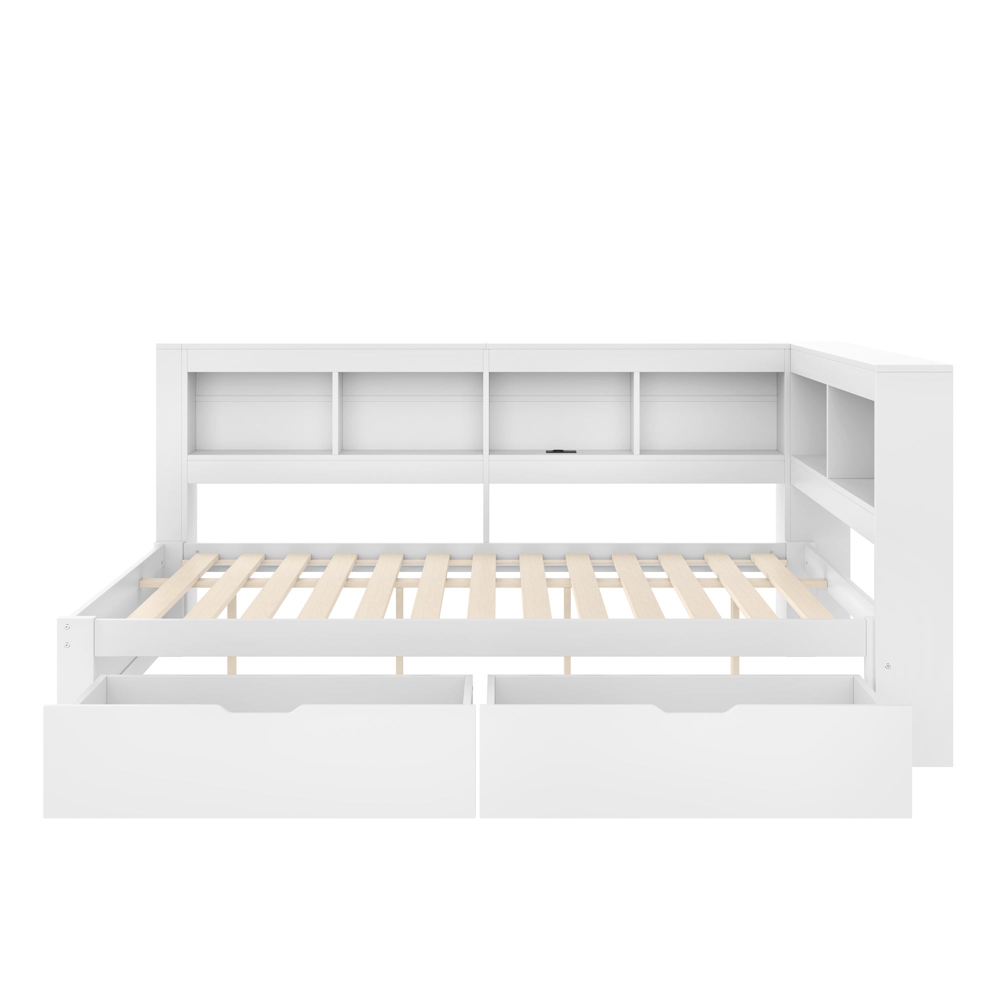 Lit 140 x 200 cm avec 2 tiroirs et compartiments, canapé-lit - Pin + MDF + contreplaqué - Prises de charge et USB - Blanc (sans matelas) - 9