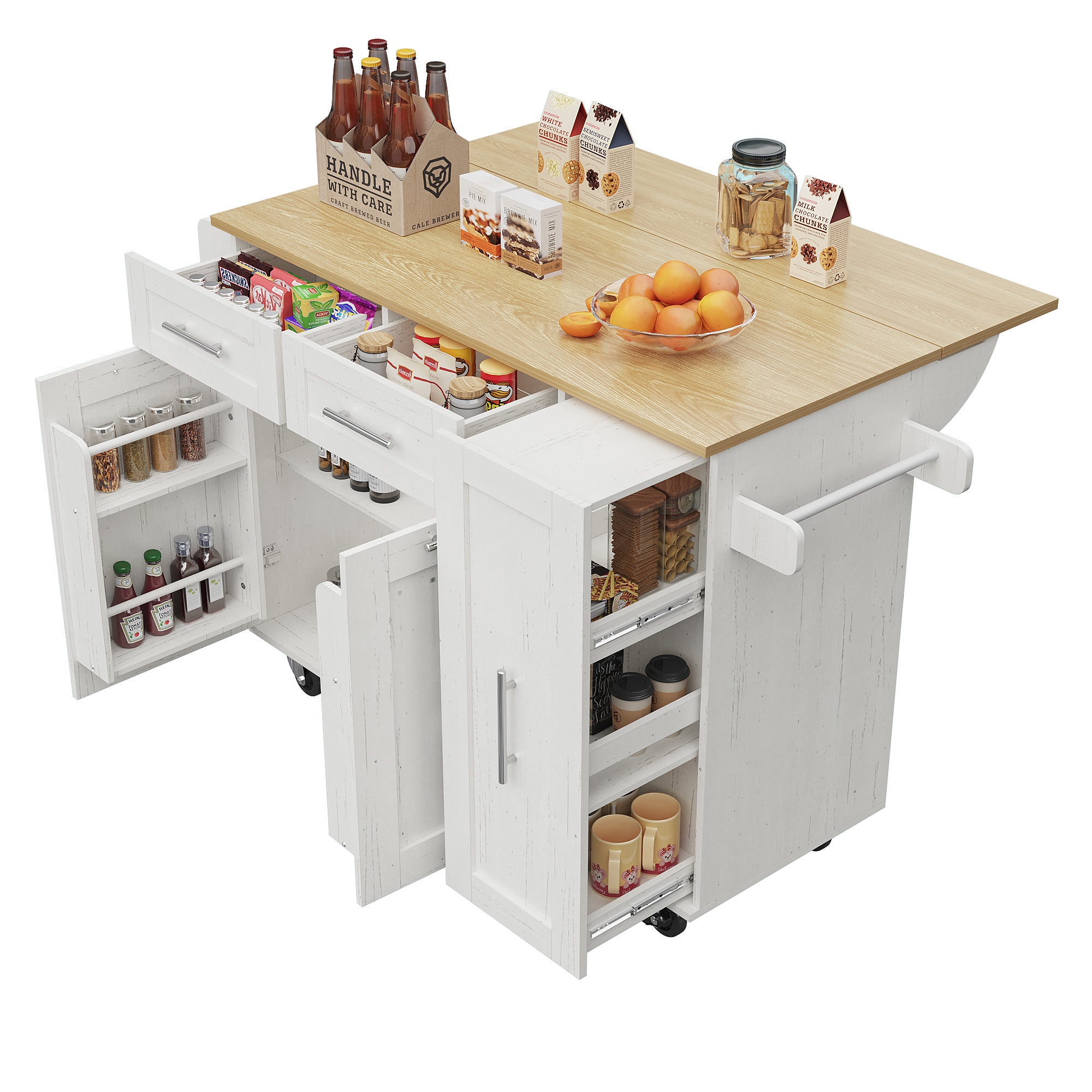 Ilot central de cuisine mobile avec 2 portes, 3 tiroirs et porte-serviettes - Plateau extensible - 134.5 x 46/74 x 90.5 cm - MDF - Blanc - 3