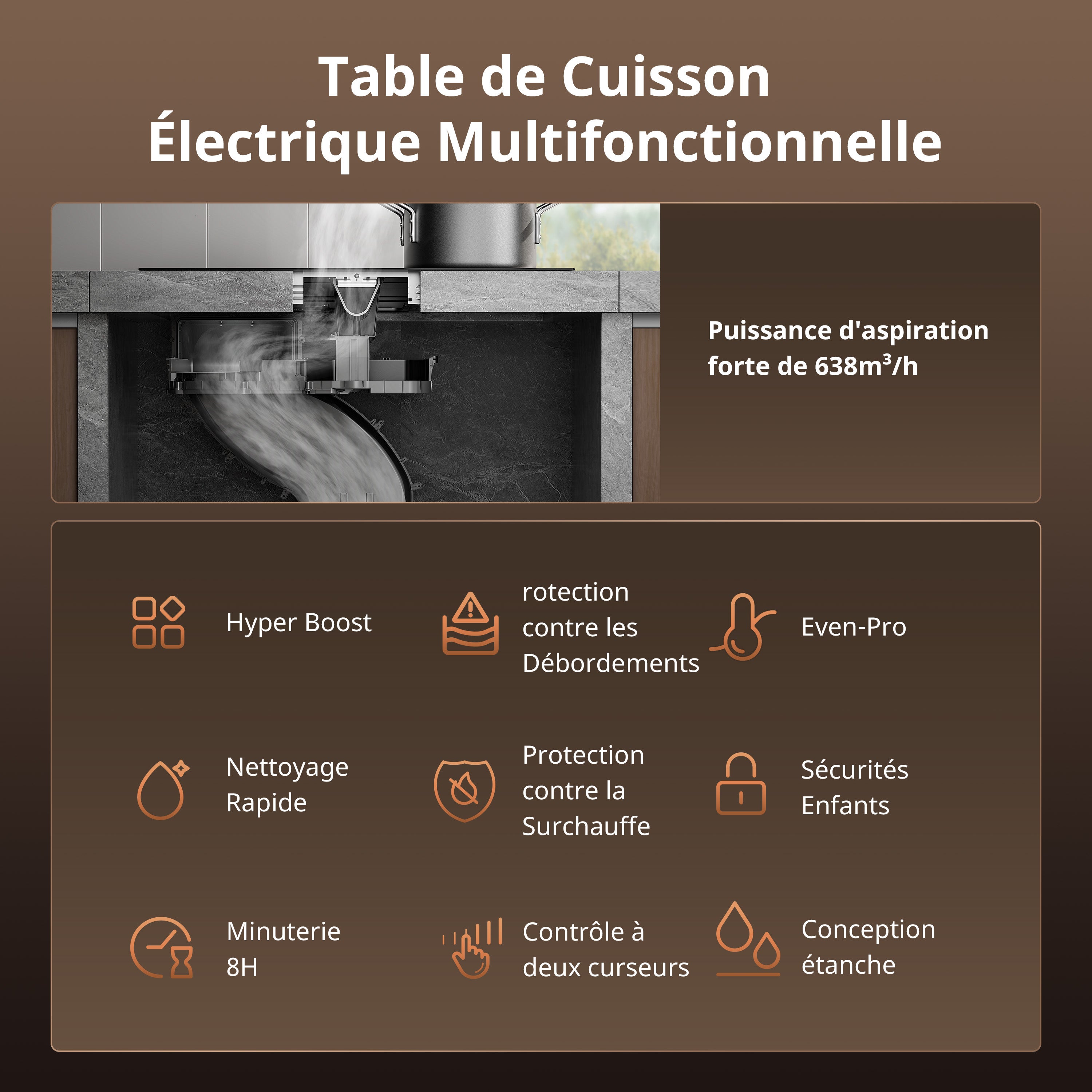Table de cuisson à induction aspirante COMFEE CIH742FY18K0 60 cm 4 foyers + hotte intégrée 638m³/h avec kit d’évacuation partiel, 7400W, A++ - 8