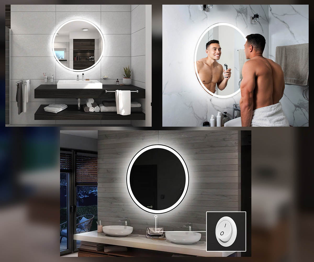 Miroir Rond de Salle de Bain LED - 50x50cm - Sans Fil (Éclairage à Batterie) - Blanc Froid 7000K - 5