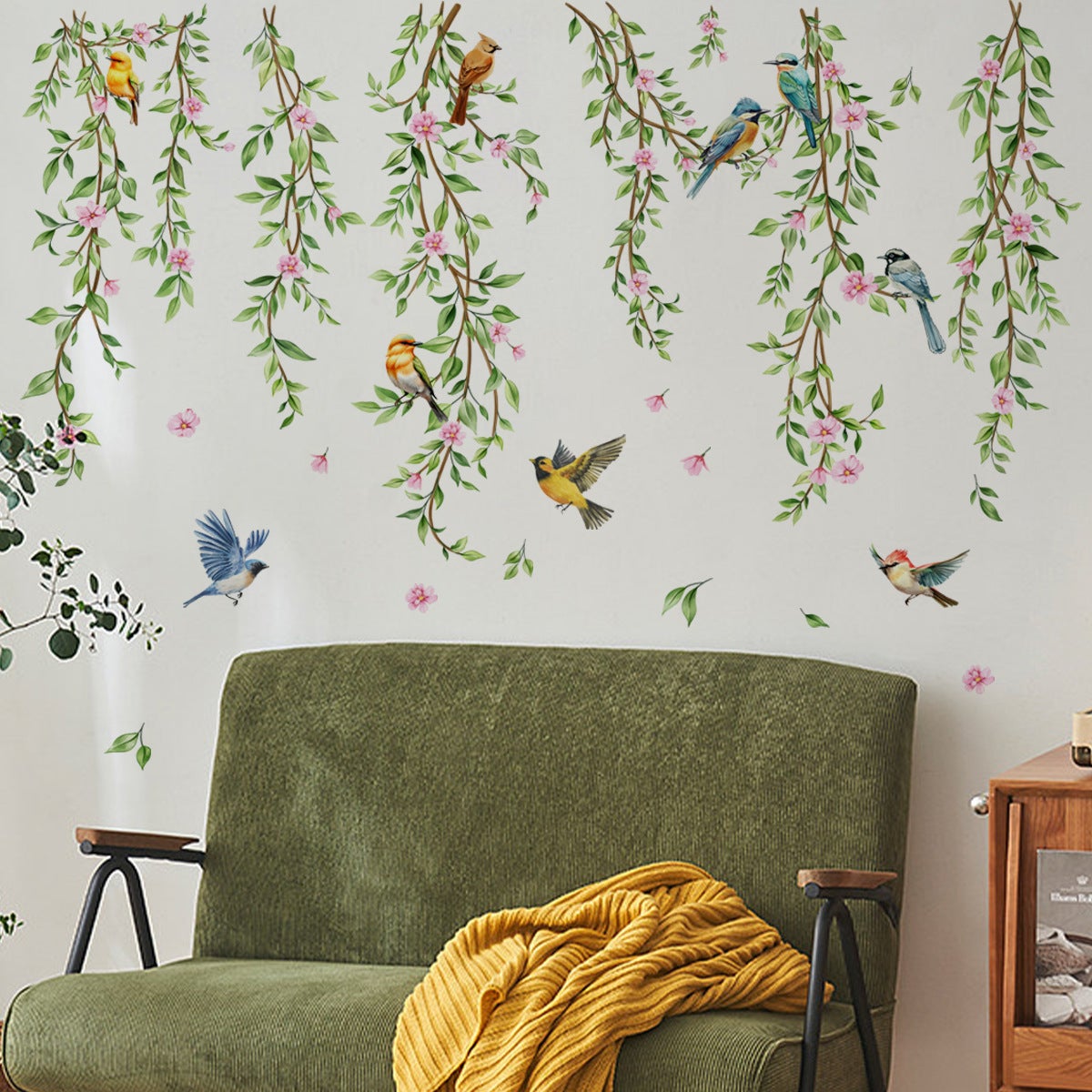 Autocollants muraux de plantes suspendues avec lianes, feuillages et oiseaux, décorations pour murs de chambre, salon et murs d'arrière-plan - 3