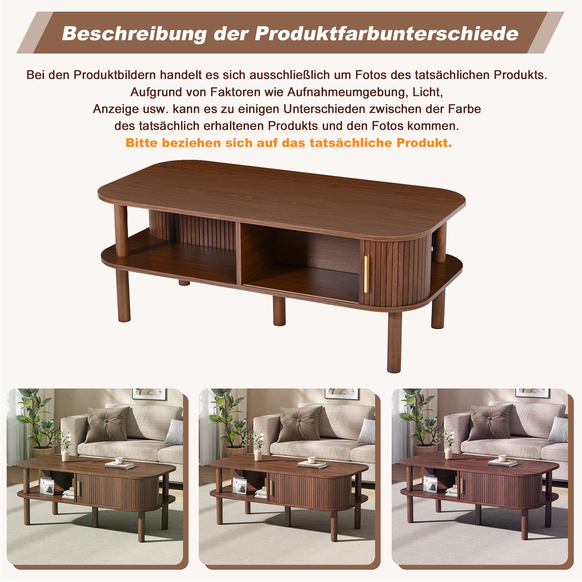 Table basse avec 2 portes enroulables, rangement double niveau et bords arrondis - MDF/bois - 110 x 55 x 45 cm - Noyer - 5
