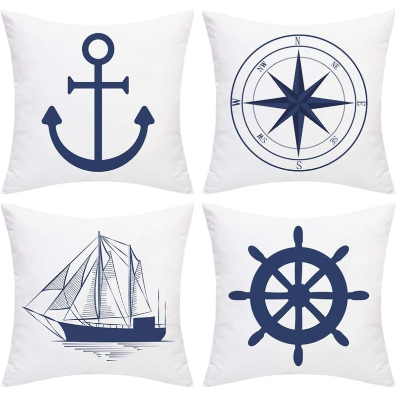 Juego de 4 fundas de cojín náutico - ancla - navegación - brújula - 45 x 45 cm - estilo marinero - blanco y azul