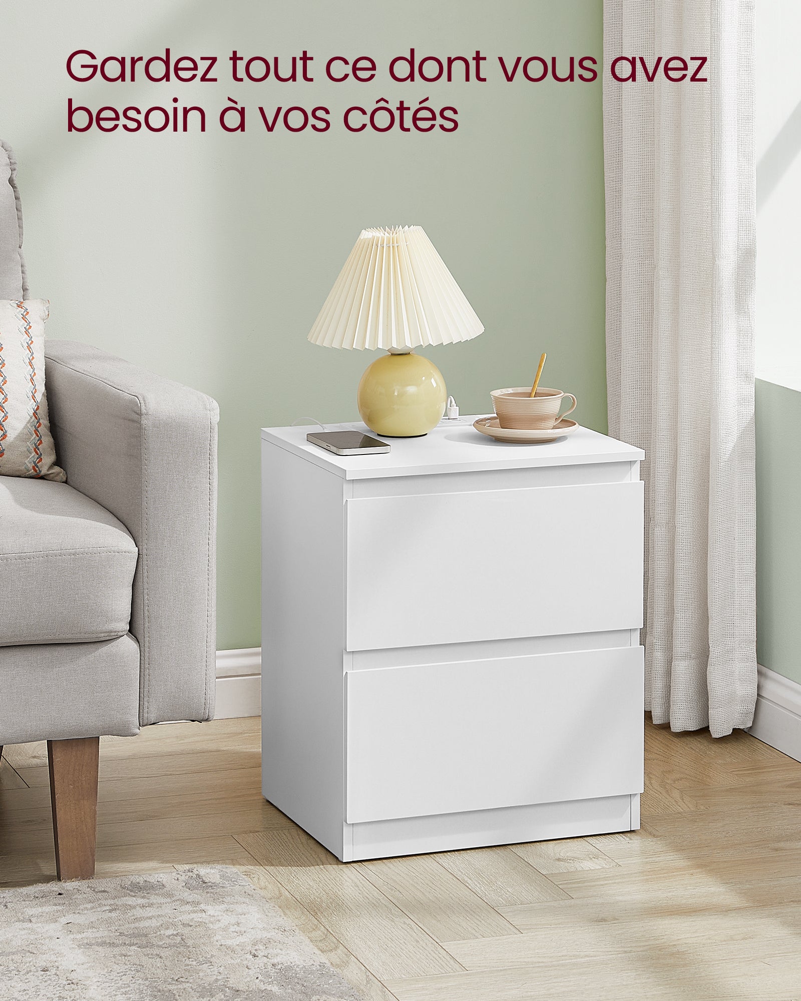 Lot de 2 Table de Chevet avec Multiprise, 2 Tiroirs, 2 Prises CA,2 Ports USB-A, pour Salon, Chambre, Bureau, Moderne, Blanc Nuage - 6