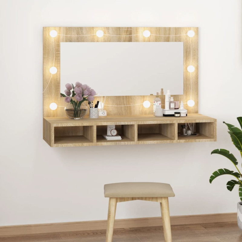Vidaxl mueble con espejo y luces led color roble sonoma 90x31,5x62 cm