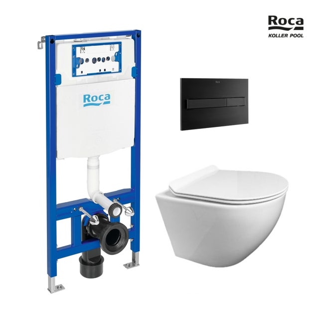 Pack WC suspendido con bastidor Roca Duplo y pulsador PL7 Dual negro + inodoro Koller Pool Round Smart blanco con tapa fina Soft Close