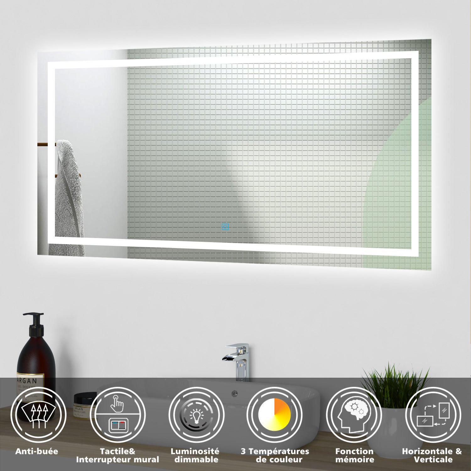 Miroir lumineux l.120 x H.70cm avec Anti-buée + 3 Couleurs + Dimmable, Mural Miroir Lumineux - 2