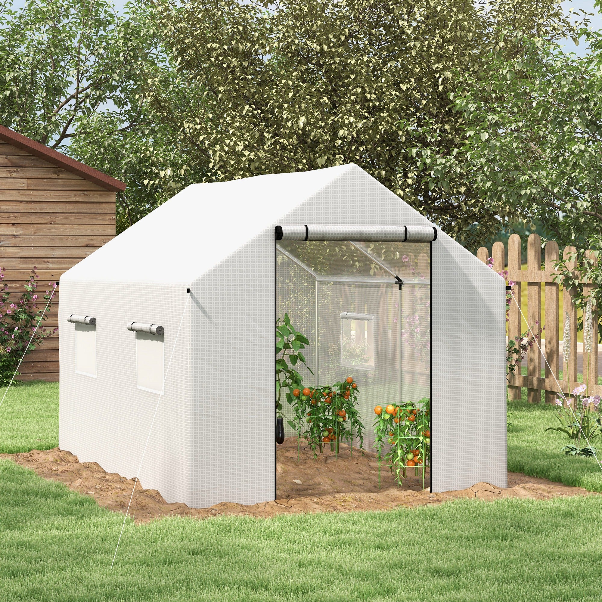 Serre de jardin tunnel 2x3m,6m² avec porte enroulable,4 fenêtres,- Acier galvanisé PE Haute densité Blanc - 3