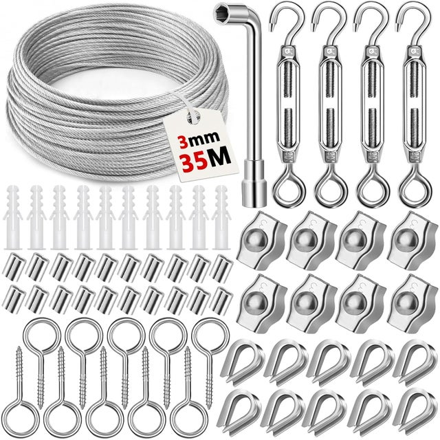 Kit de corda de suspensão em aço inoxidável, cabo de aço inoxidável revestido de 35 m/3 mm com esticadores de arame M5, kit de cabo de aço 304