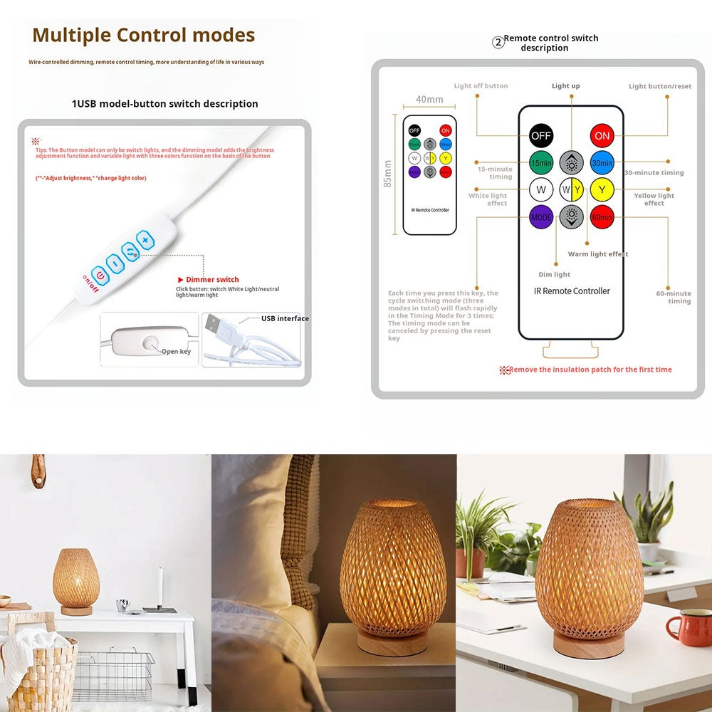 Lampe de Table en bambou tissé E27, faite à la main, avec Base, veilleuse de chevet, 5V (3 couleurs), gradation avec télécommande - 3