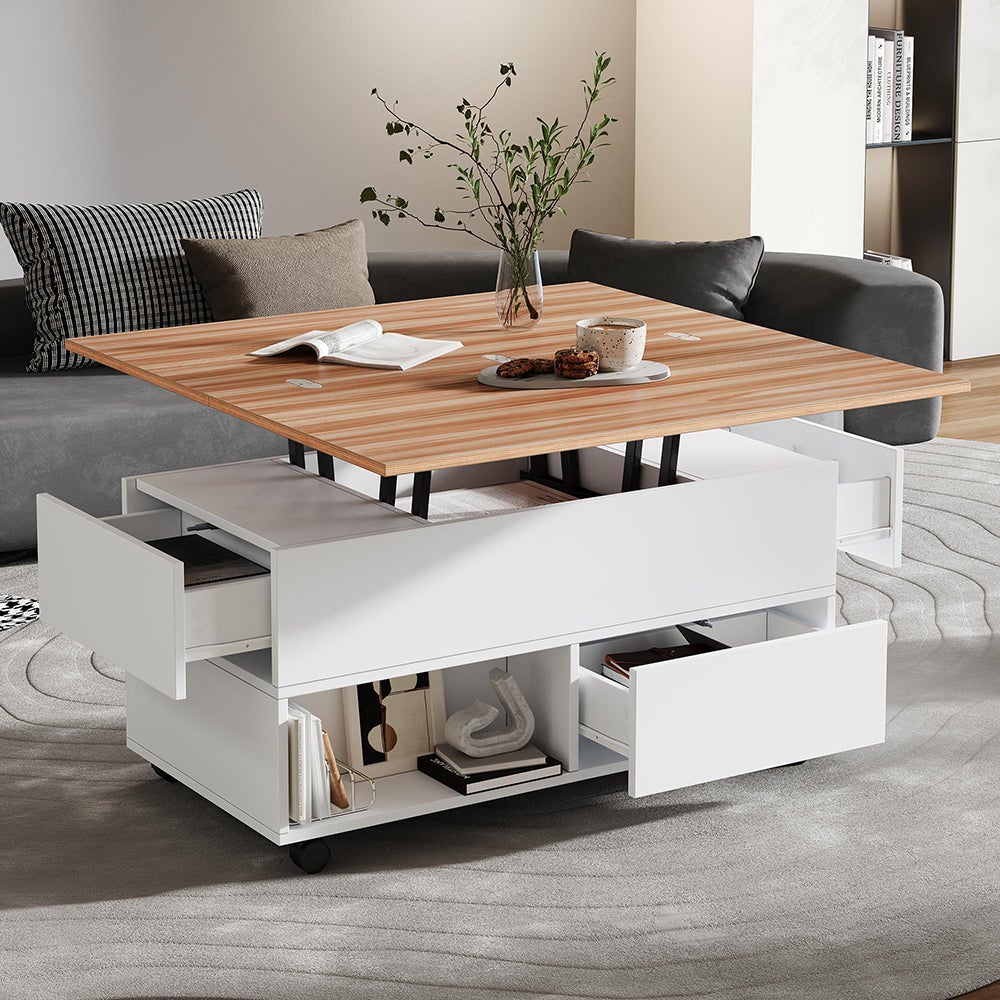 Table basse avec 4 roulettes 4 tiroirs relevable réglable en hauteur avec espace de rangement blanc - 6