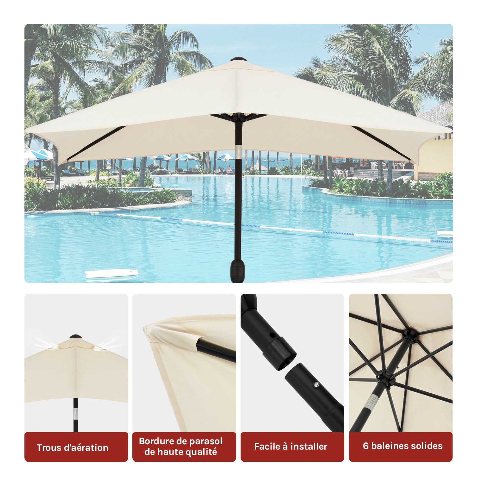 Parasol de Jardin Inclinable WOLTU, Parasol Rectangulaire inclinable de Jardin, 206x135cm, Beige - 3