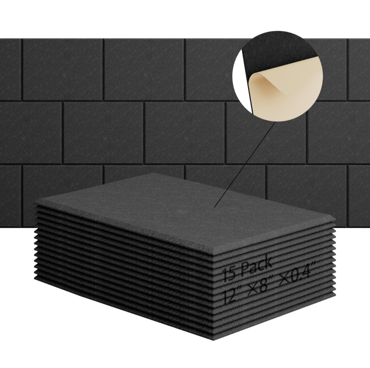 Zestaw 15 samoprzylepnych paneli akustycznych, wygłuszenie z poliestru, panele ścienne dźwiękochłonne o wysokiej gęstości, 30 x 20 x 1 cm, czarne