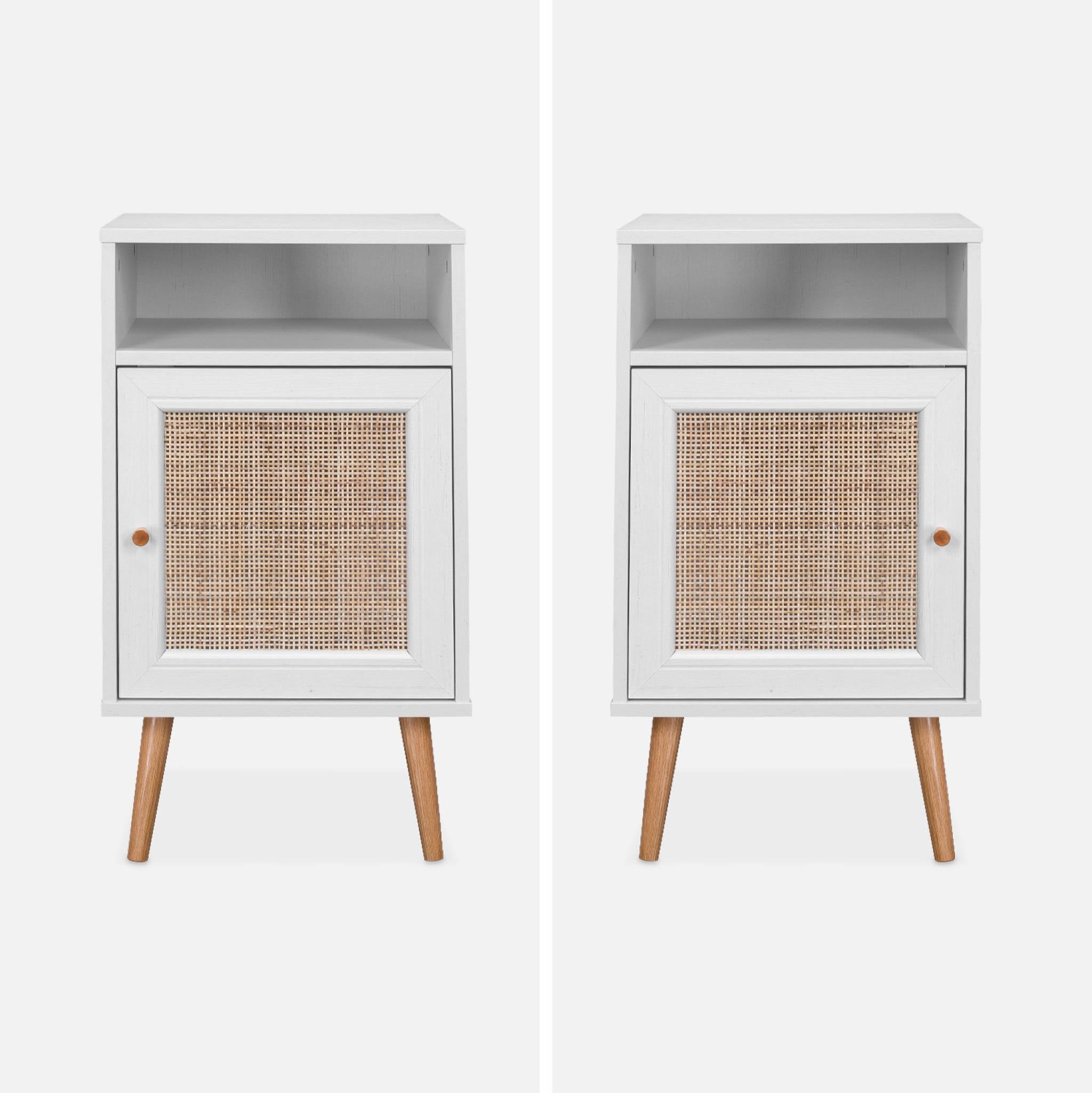 Lot de 2 tables de chevet en cannage - Bohème - 40x39x65.8cm Blanc - 2 niveaux - 1 portes - 1 espace de rangement - pieds scandinaves - 8