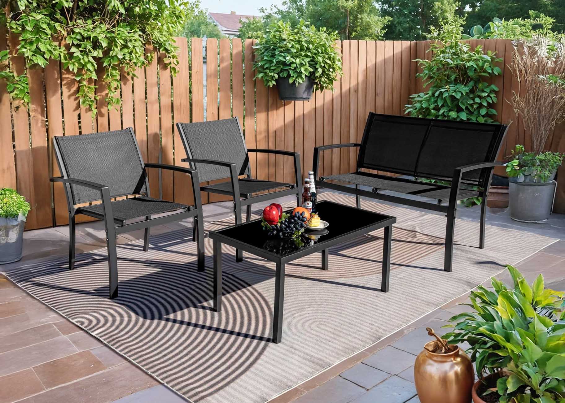 Sofa + 2 Sillas + Mesa de Cristal Templado. Conjunto de Jardin y Terraza, Gris Oscuro - 3