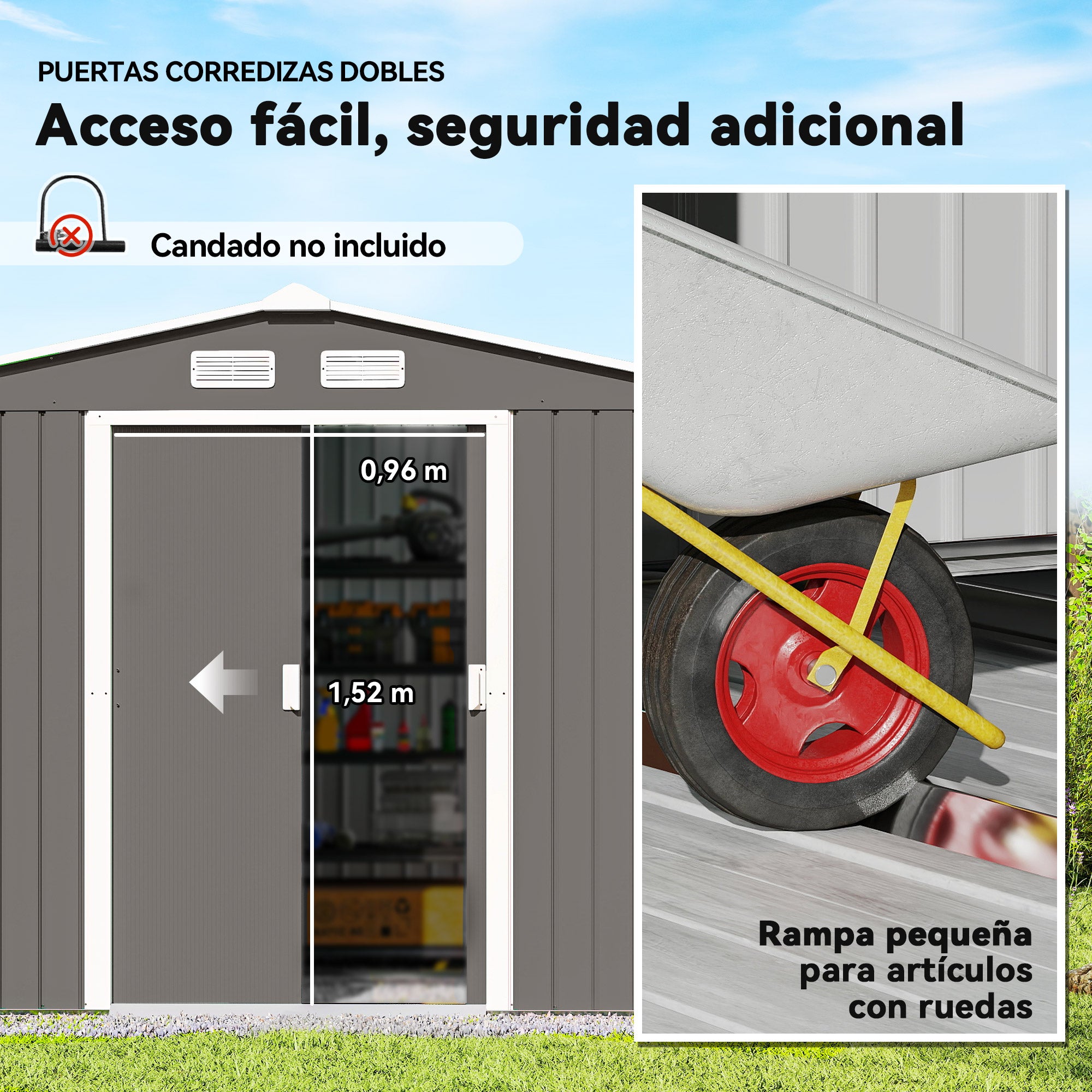 Abri jardin 4,9 m² 277x195x192 cm gris, 2 portes coulissantes, base renforcée, sol non inclus, cabanon - 7