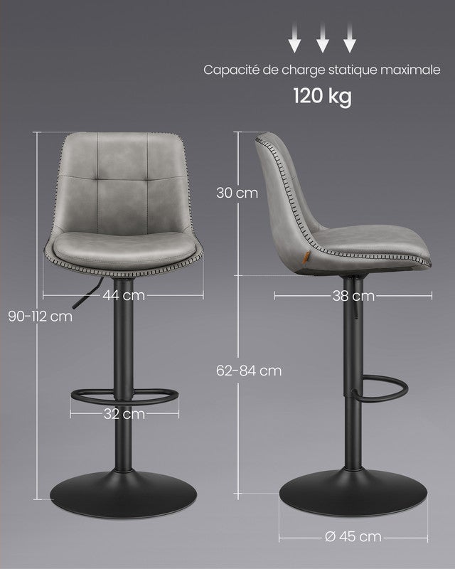 Tabourets de Bar, Lot de 4, Siège Pivotant à Hauteur Réglable, en PU, avec Dossier et Repose-Pieds, Gris Tourterelle - 5