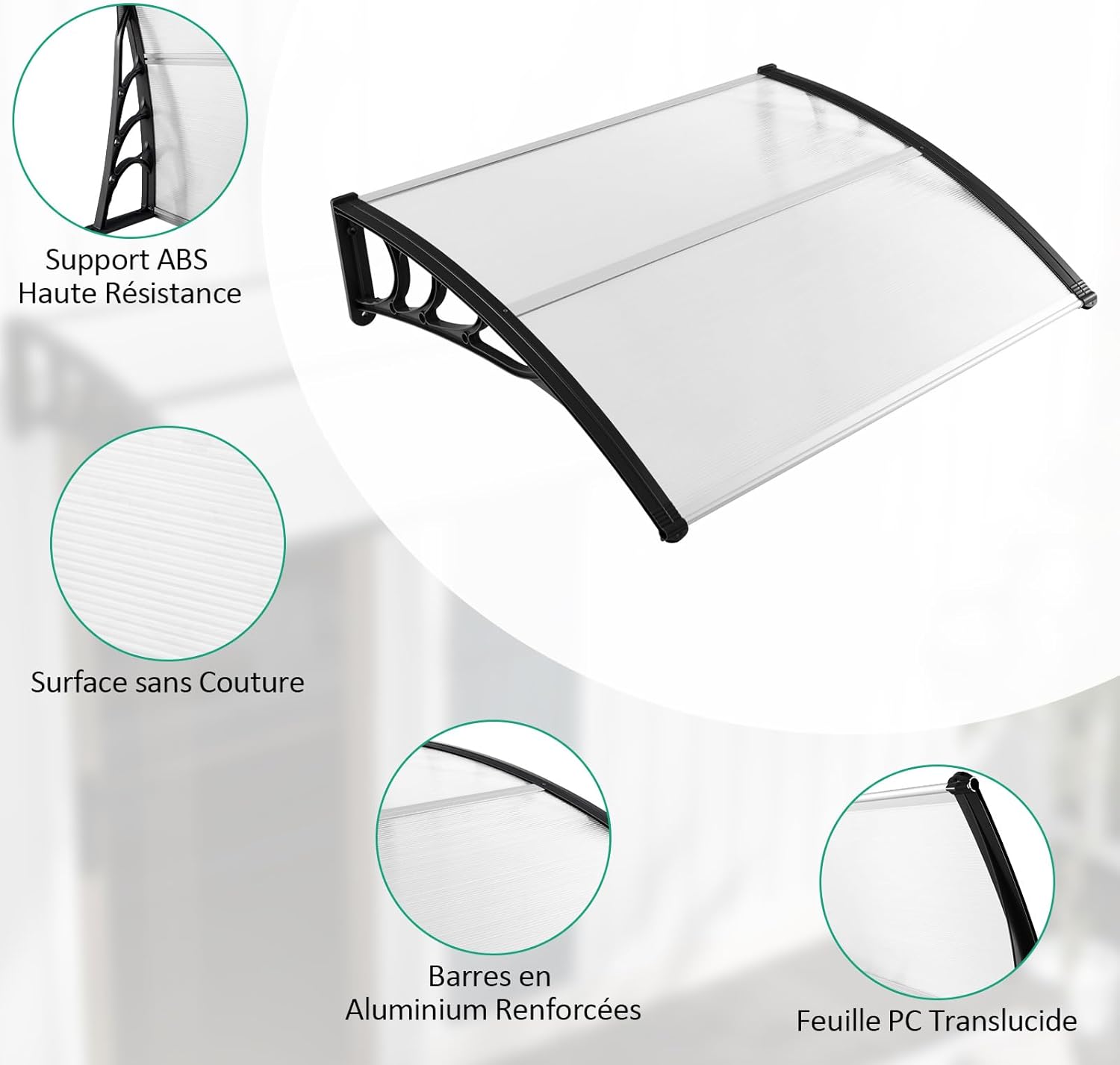 122 x 99 cm Toldo para porta de entrada Proteção solar, Toldo para porta e janela exterior Placa de policarbonato (preto) - 3
