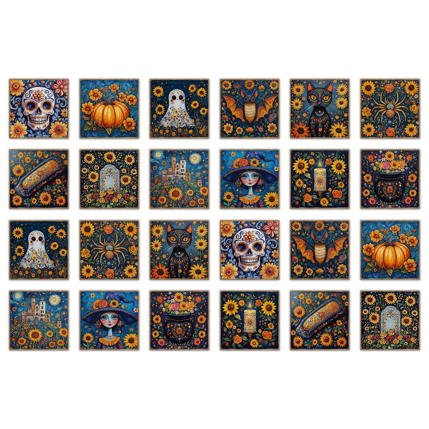 Zestaw 24 retro dekoracyjnych naklejek ściennych na Halloween – Słonecznik, naklejki HD na płytki, folia kryształowa, odpowiednie do kuchni, 15x15cm
