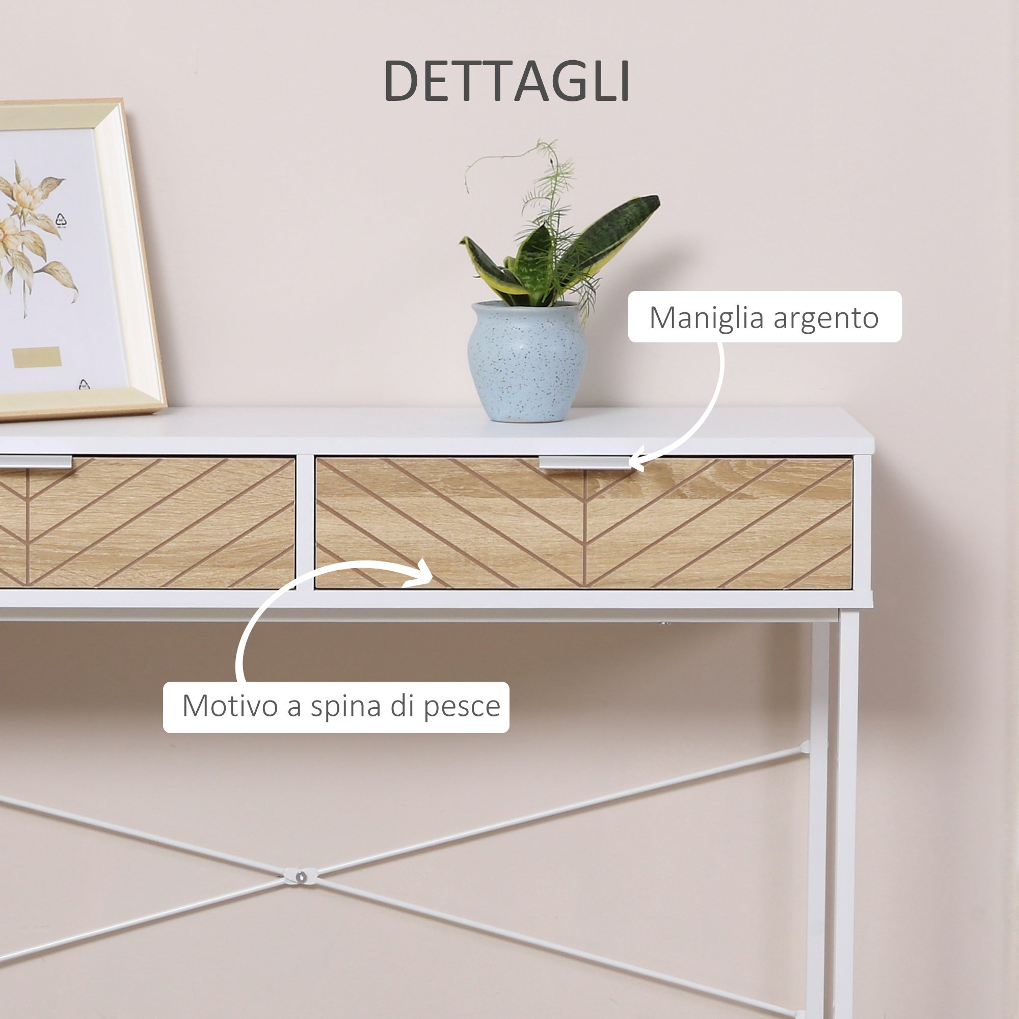 HOMCOM Consolle da Ingresso Moderna con 2 Cassetti in Metallo e Struttura Incrociata, 100x30x75 cm, Bianco - 8