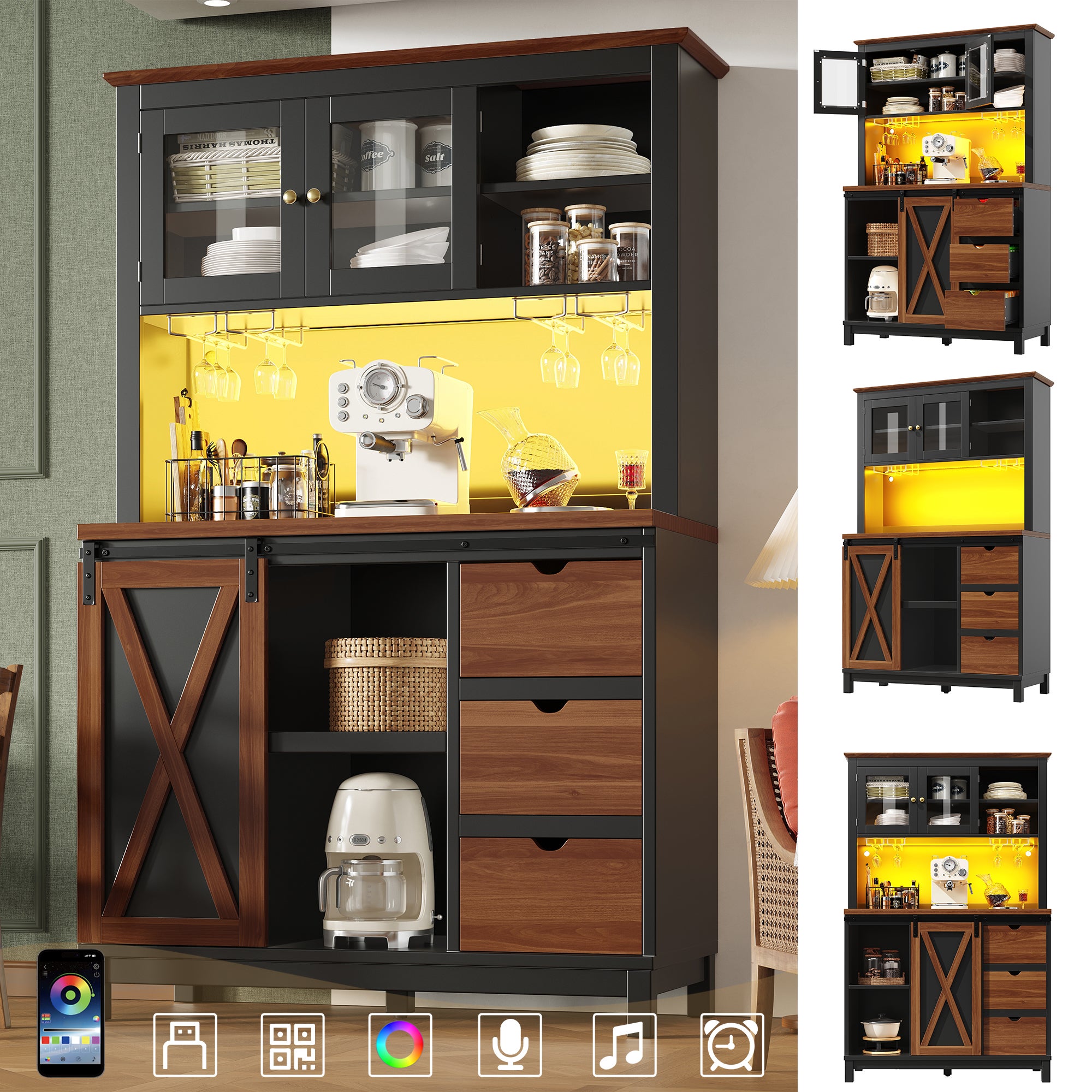 Aparador de cocina inteligente de 104x180cm con aplicación led - armario alto con puerta corredera estilo granero, 3 cajones - marrón