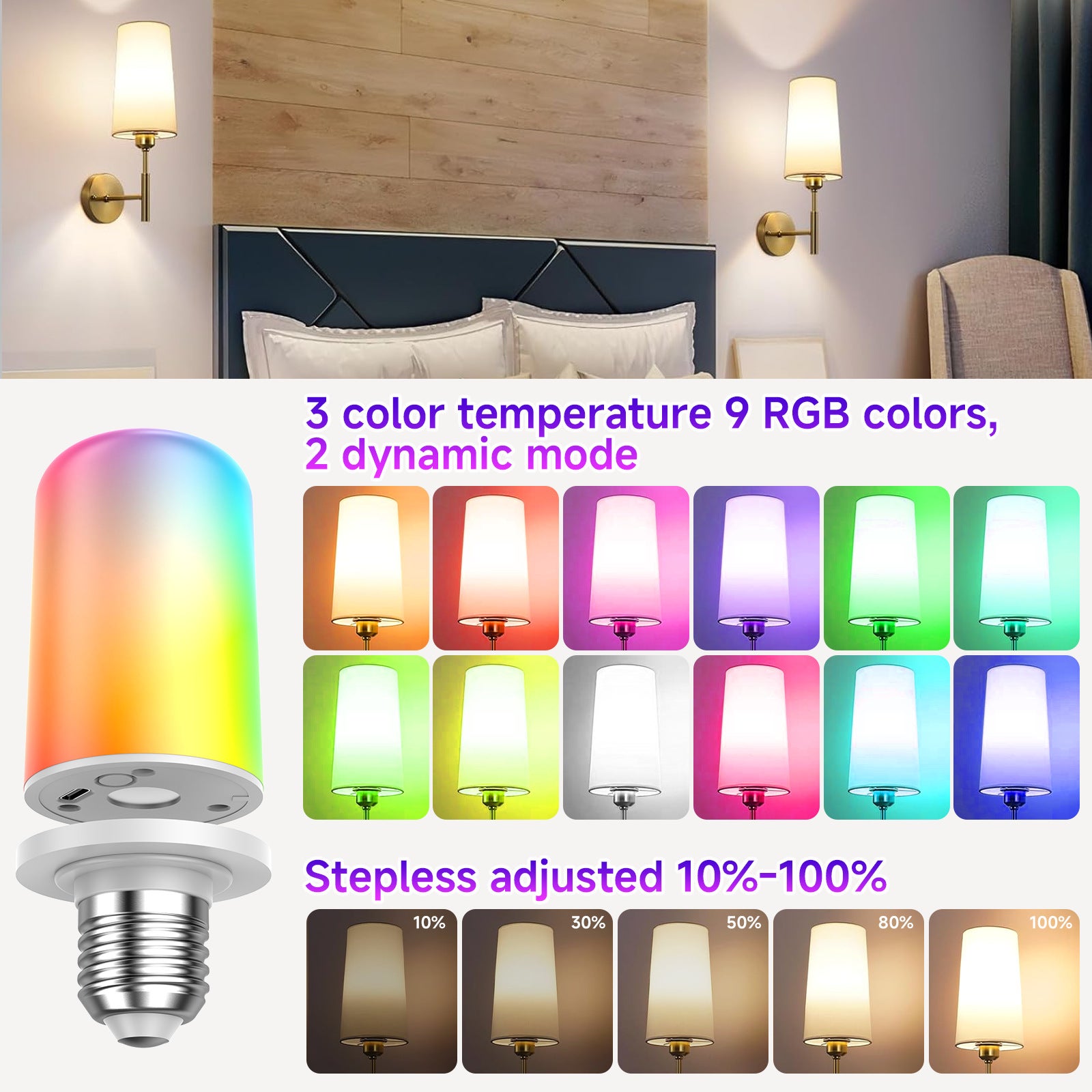 Lampadina LED Ricaricabile Con Telecomando, Tre Temperature Di Colore E27 Lampadina Usb Dimmerabile Batteria Integrata Con Timer 98943784