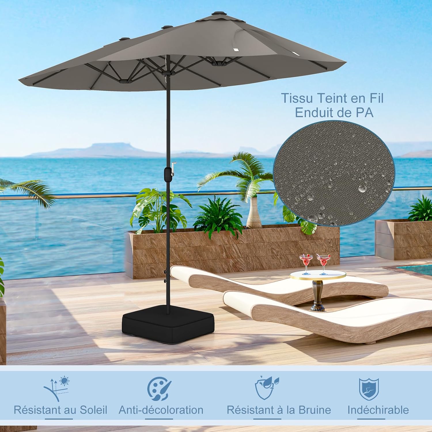 Parasol de Jardin Exterieur avec Pied, 4M Parasol Double Face avec Manivelle,pour 6 Personnes pour Marché, Piscine, Terrasse, Balcon (Gris) - 8