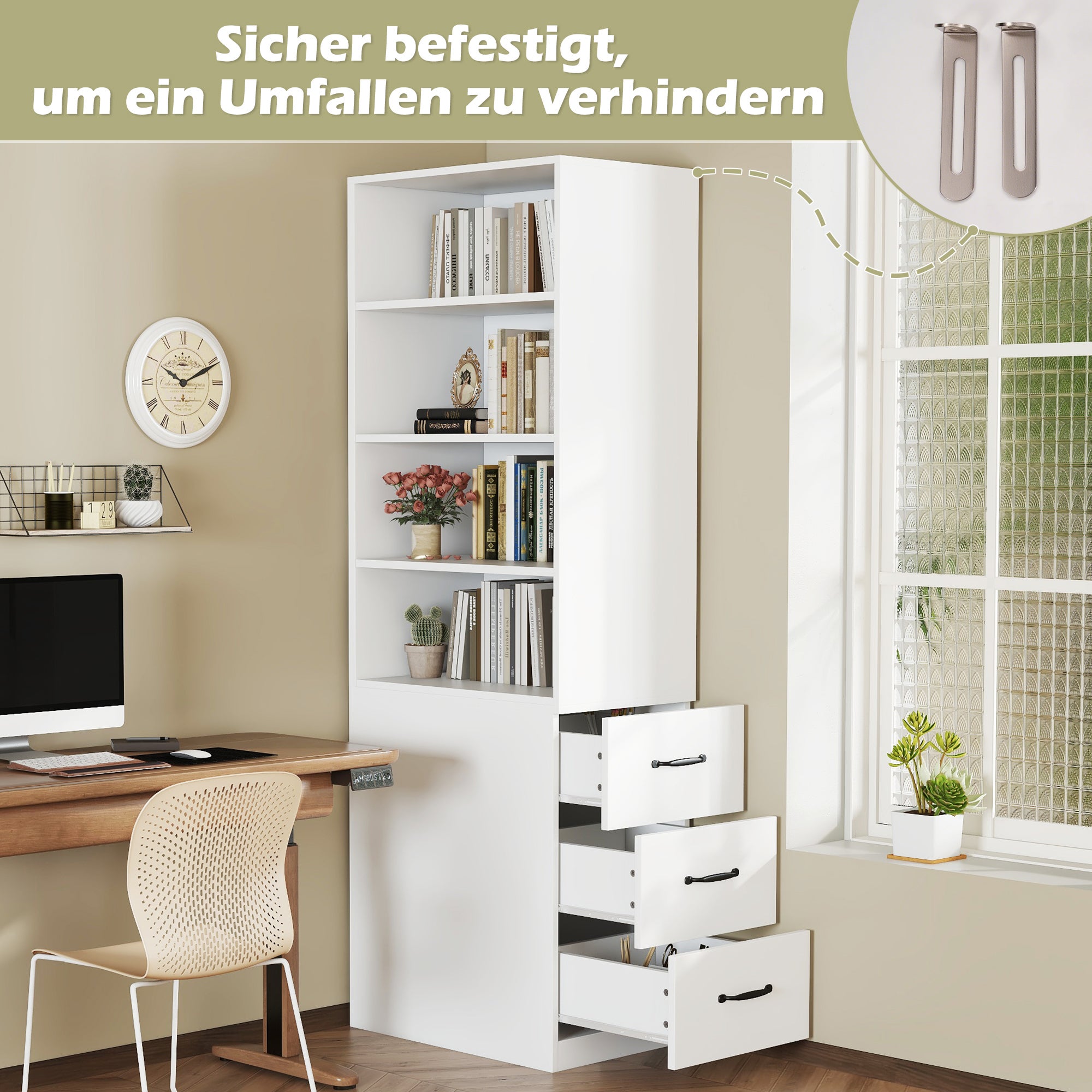 Estante extra estreita com 3 gavetas e 4 prateleiras ajustáveis - 60 x 38 x 180 cm - Aglomerado - Branco - 6