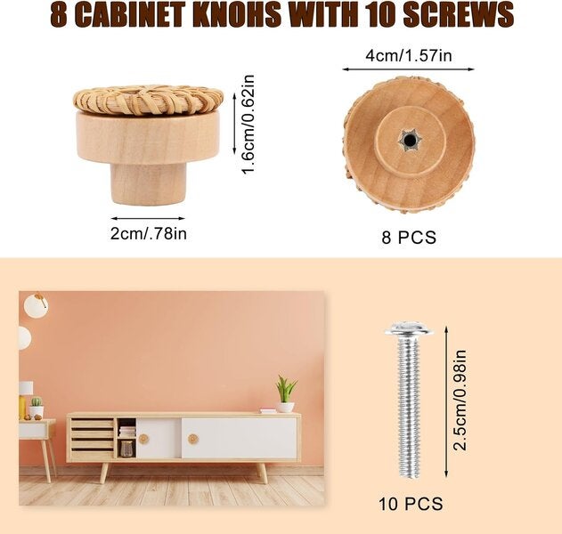 Set de 8 mânere din ratan și lemn de 40 mm, stil boho natural pentru sertare și mânere pentru mobilă 8buc
