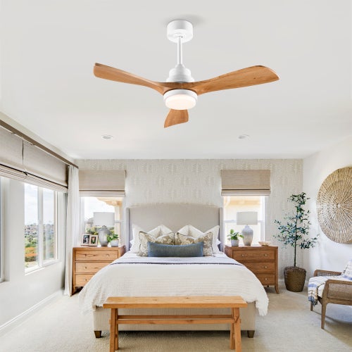 Ventilateur de plafond 114 cm - Avec éclairage et télécommande - Moteur DC réversible - 3 pales en bois - Blanc et naturel - 8