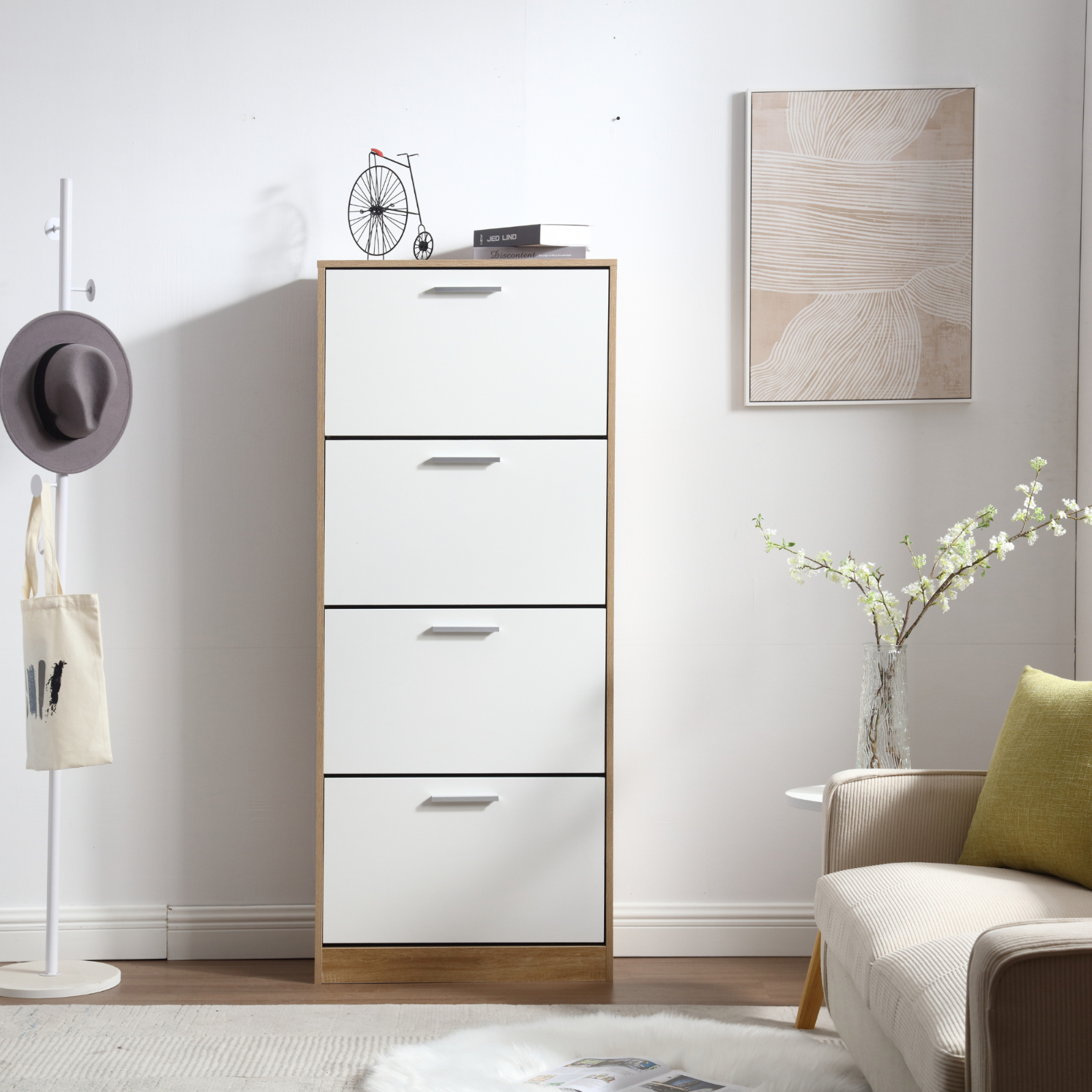 Meuble à chaussures peu encombrant à 4 portes doubles et étagères, 63 x 24 x 155 cm, en bois, pour entrée, blanc et chêne - ZIK - 9