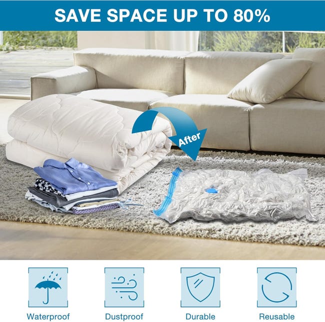 6 Sacs Sous Vide Vêtements + Pompe Manuelle – 3 XL (100x70cm) + 3 L (80x60cm) – Compression Jusqu’à 80% – Rangement Couettes & Literie