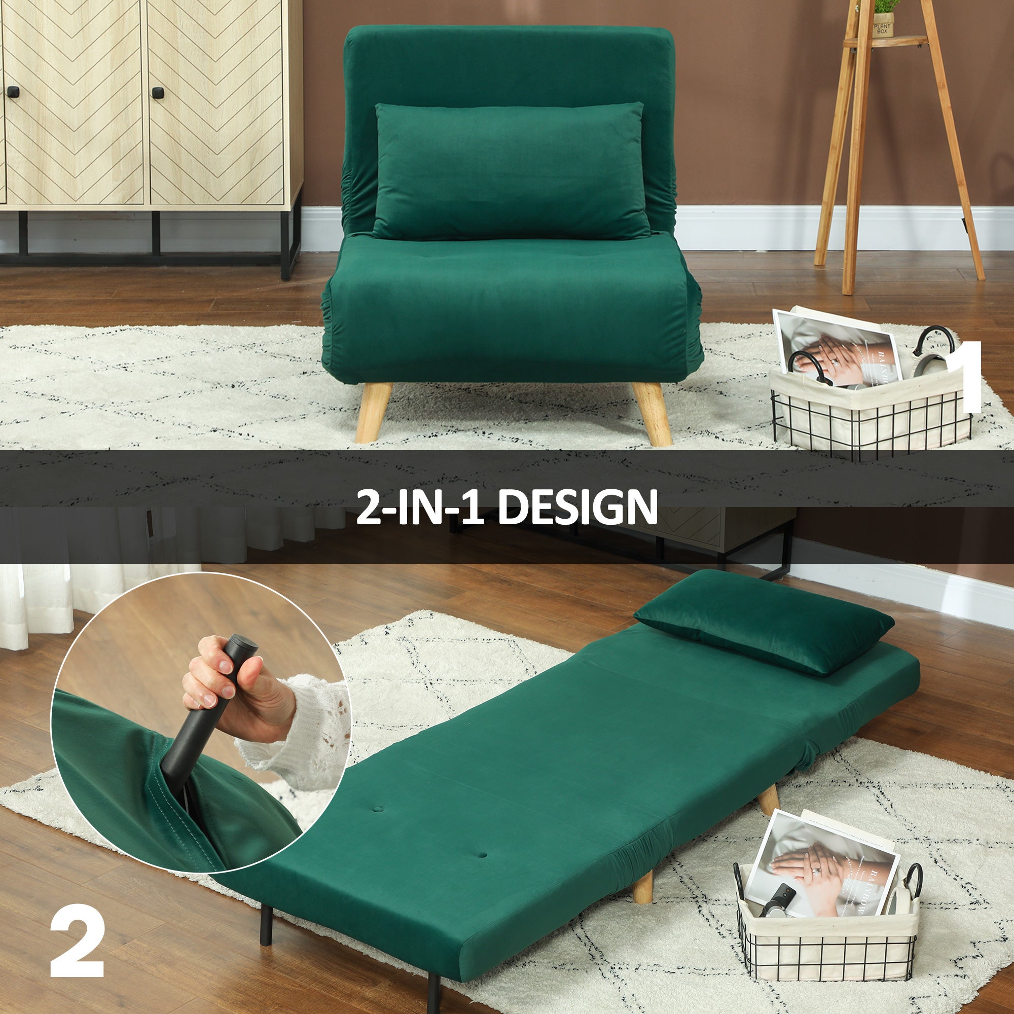 Fauteuil pliant convertible en lit, fauteuil lounge pliable en velours, dossier réglable, supporte jusqu'à 120 kg, vert foncé - 8