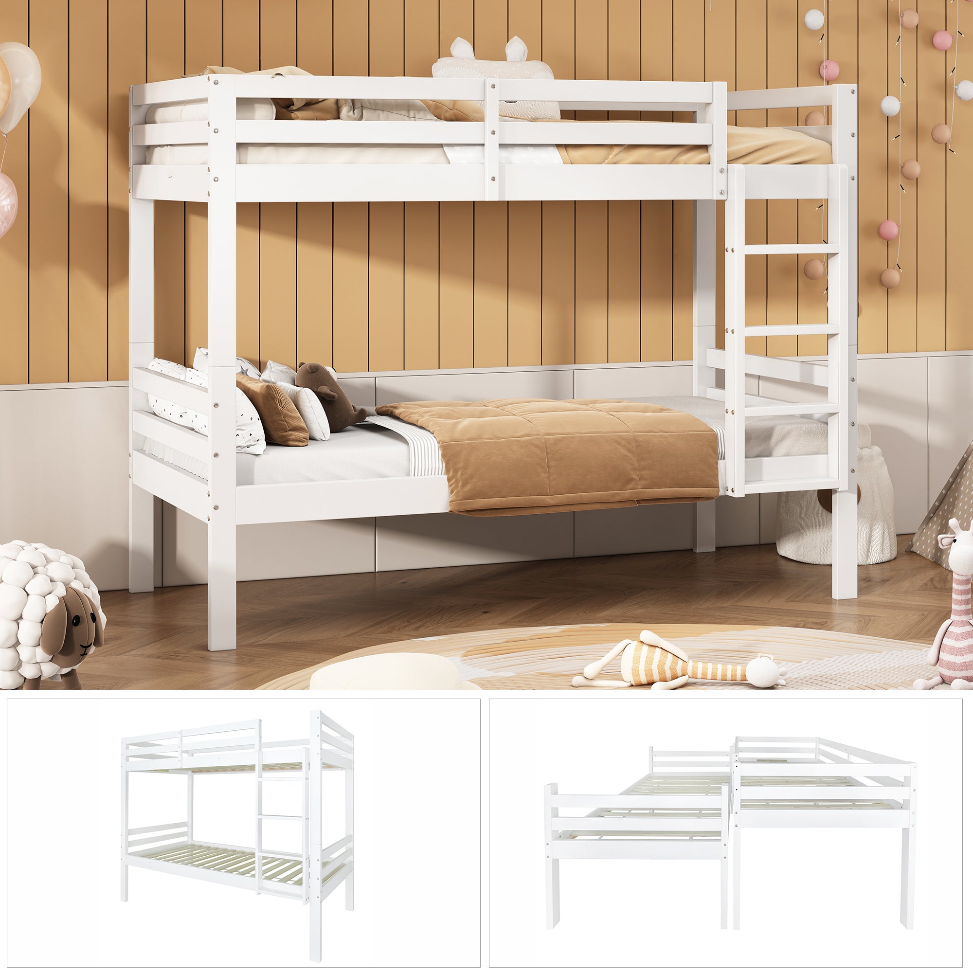 Lit superposé pour enfants avec échelle d'angle à trois niveaux et protection contre les chutes, cadre en pin, blanc, 90x200cm - 5