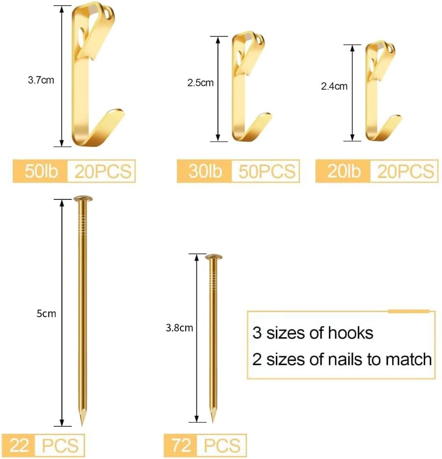 Kit de suspension de tableaux de 184 pièces avec crochets métalliques à clous pour cloisons sèches et murs en bois, doré - 2