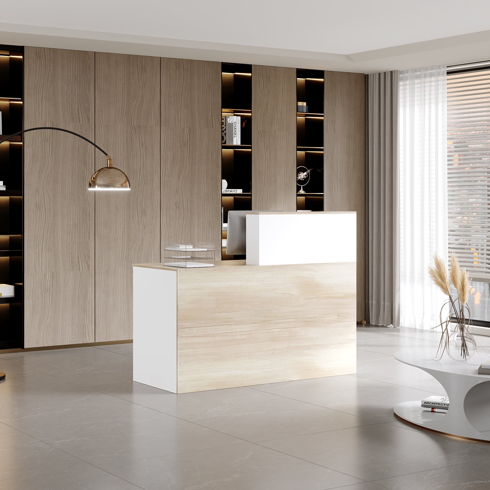 Comptoir de réception avec compartiments ouverts Tiroir verrouillable étagères Salon Bureau Bois&Blanc 140x60x110cm - 7