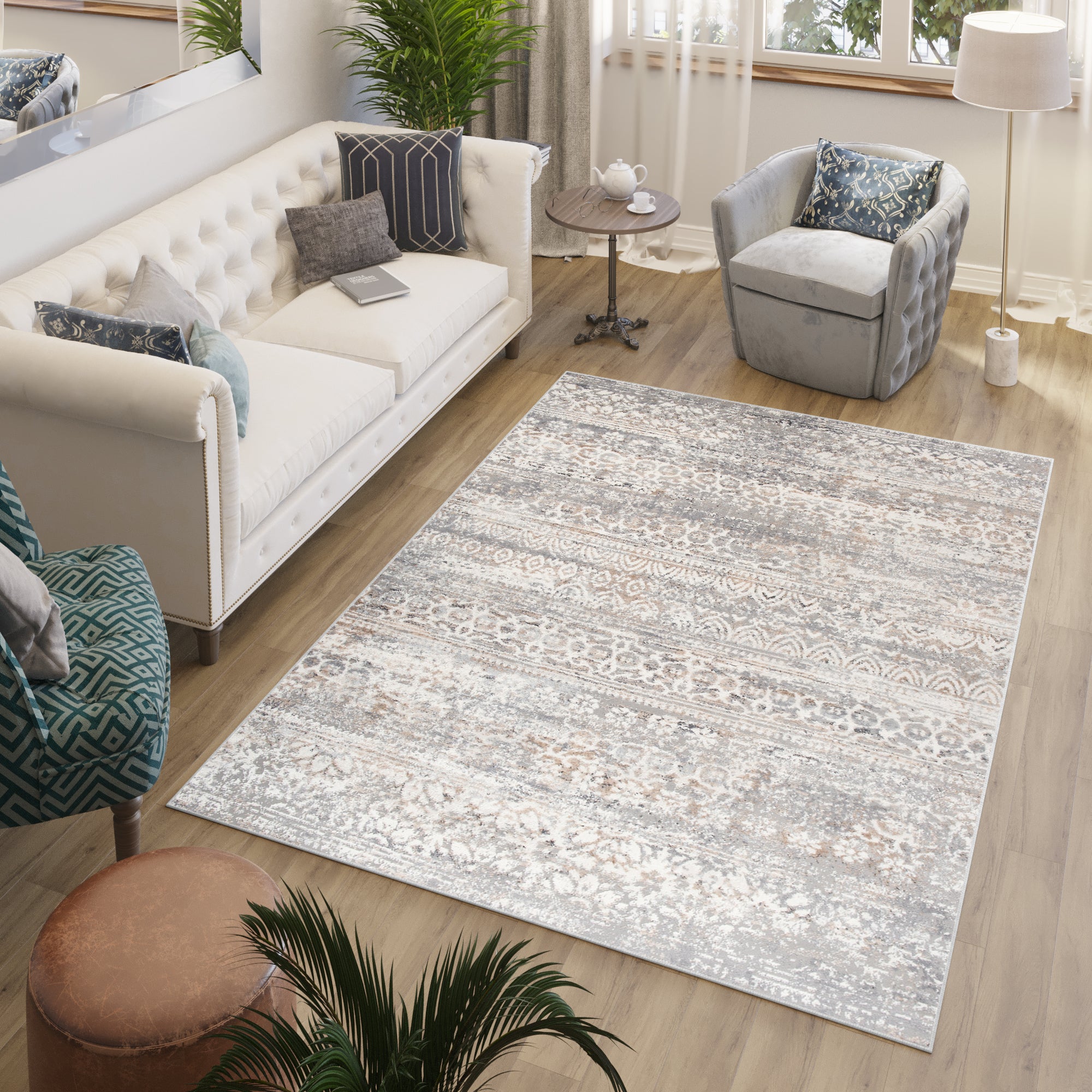 Tapiso valley alfombra para salón habitación vintage beige gris crema flores suave 80x150