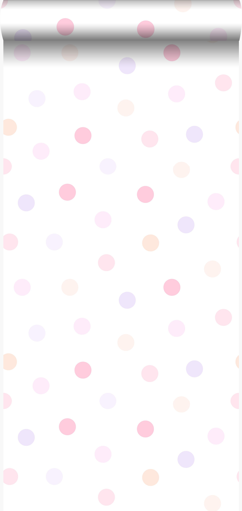Papel pintado puntos lunares polka dots rosa cipria pastel claro, morado lavanda lila pastel claro y naranja melocotón pastel claro - 53 cm x 10.05 m