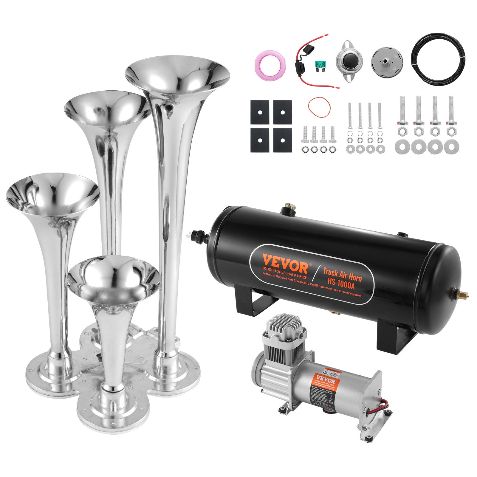 Klaxon à Air 24V 150DB Pour Voiture, Camion, Bateau - Double Trompette Chrome Zinc Noir - 45 Cm Avec Compresseur - 7