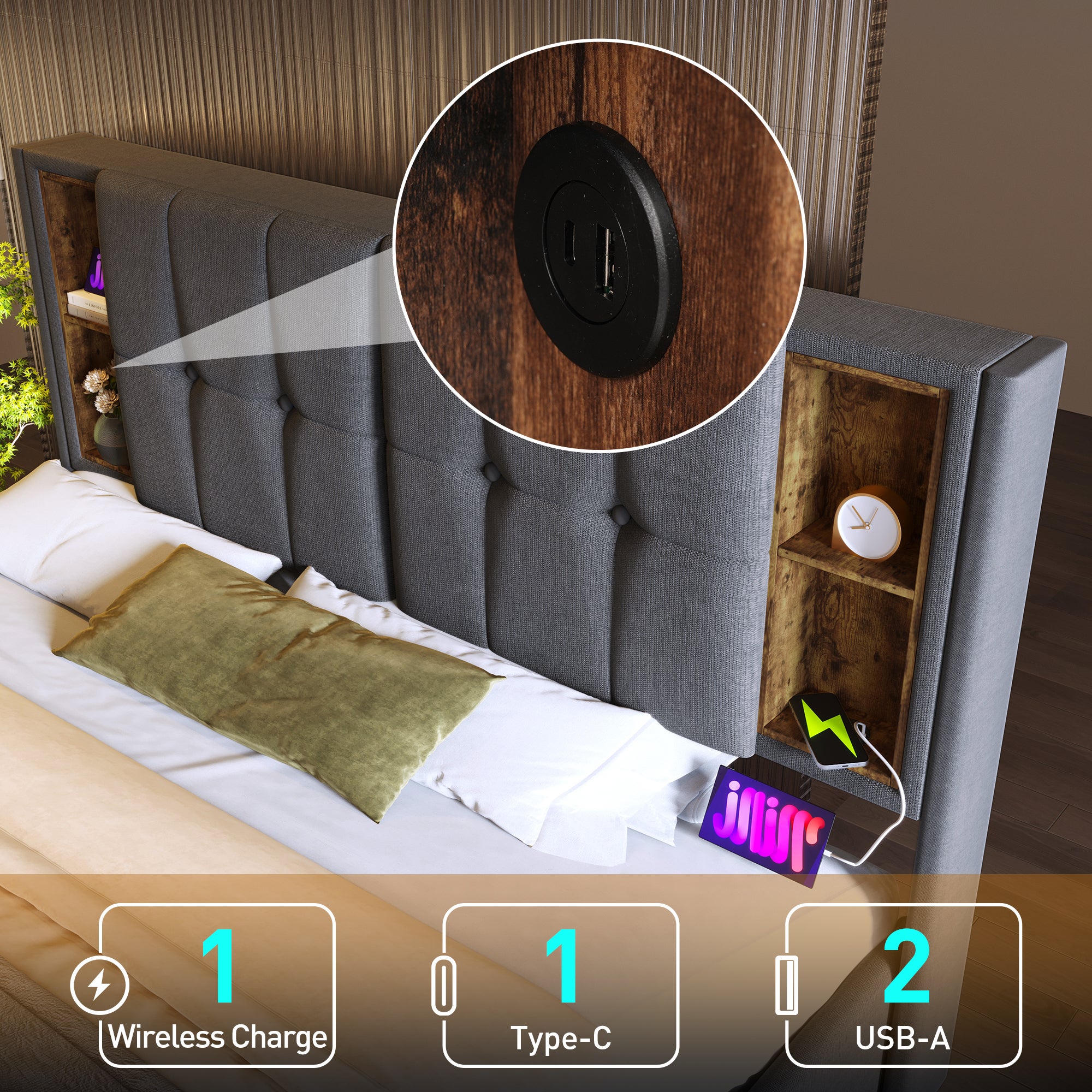 Letto matrimoniale con contenitore 140 x 200 cm, letto idraulico,con ricarica wireless USB C e rete, testiera imbottito con scaffale,cotone grigio - 8