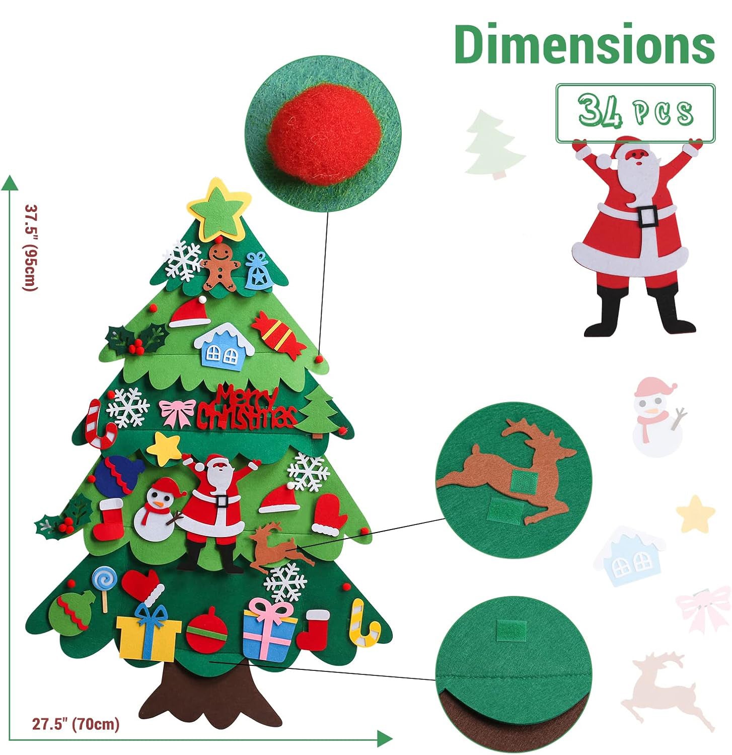 Albero di Natale con luci a LED, albero di Natale fai da te in feltro con 32 ornamenti rimovibili, decorazioni artigianali natalizie, 100 cm - 5