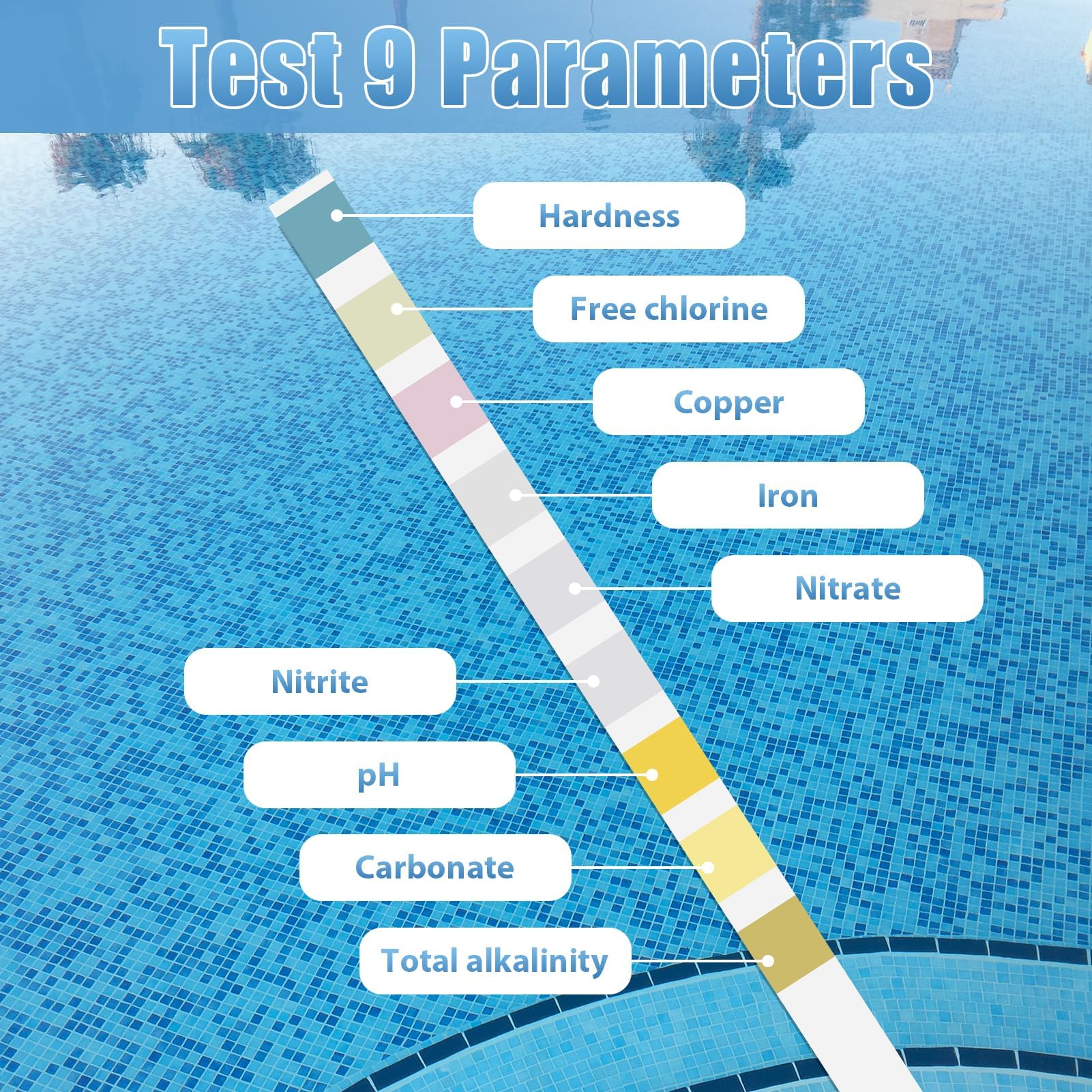 100 bandelettes de test 9 en 1 pour l'eau, kits d'analyse de l'eau pour l'eau potable&nbsp;: chlore libre, chlore total, pH, dureté de l'eau - 5