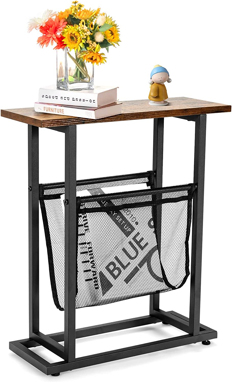 Stolik pomocniczy, mały stolik kawowy z uchwytem na czasopisma i stalową ramą, stolik do herbaty, do salonu, sypialni, brązowy vintage + czarny