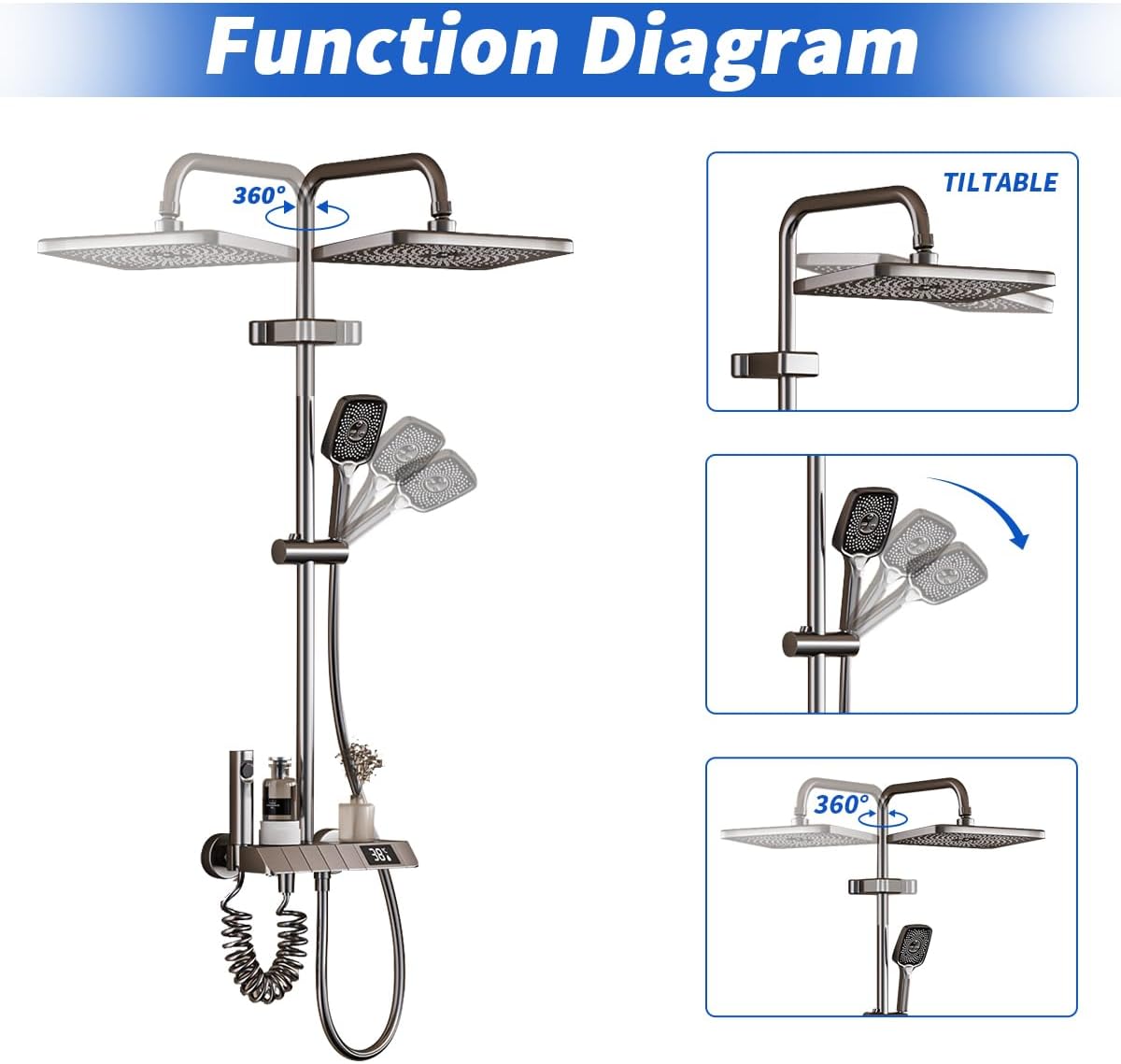 Colonne de Douche Design Piano Key - Mitigeur, Pomme de Douche 30x20cm, Affichage LED, Hauteur Ajustable, Multifonctionnelle - 7
