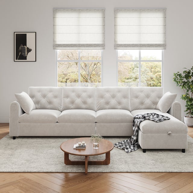 Sofá de canto de 4 lugares com braços, compartimento de arrumação e bolsos - 281 x 86 x 71 cm - Veludo - Bege