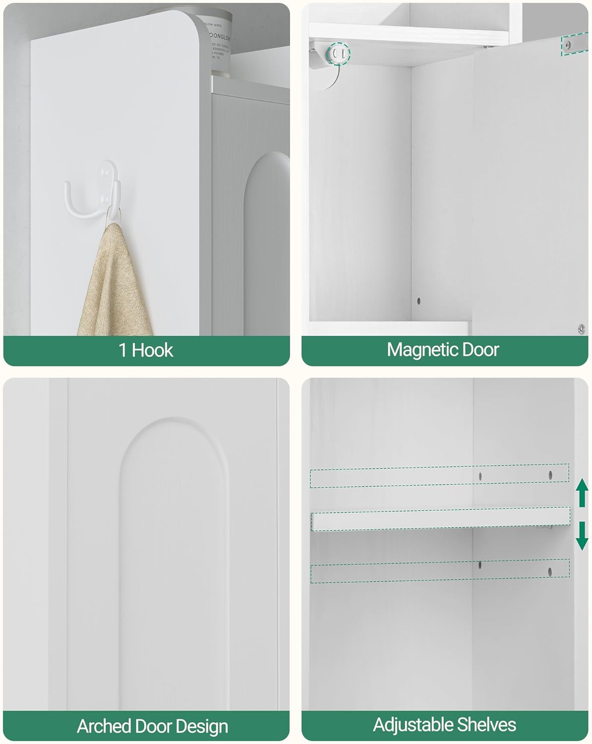 Armario para Baño Alto, Armario Estrecho para Papel Higiénico 2 Puertas y Cajón, Organizador de Baño Estante Ajustable, Blanco - 5