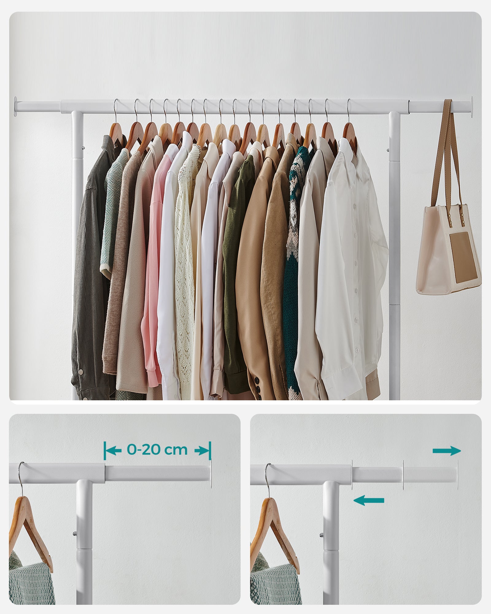 Portant à Vêtements avec Roulettes, Tringle Extensible pour Charge Lourde, Capacité de Charge 130kg, Porte-manteau pour Vêtements, en Métal, Blanc Mat - 7