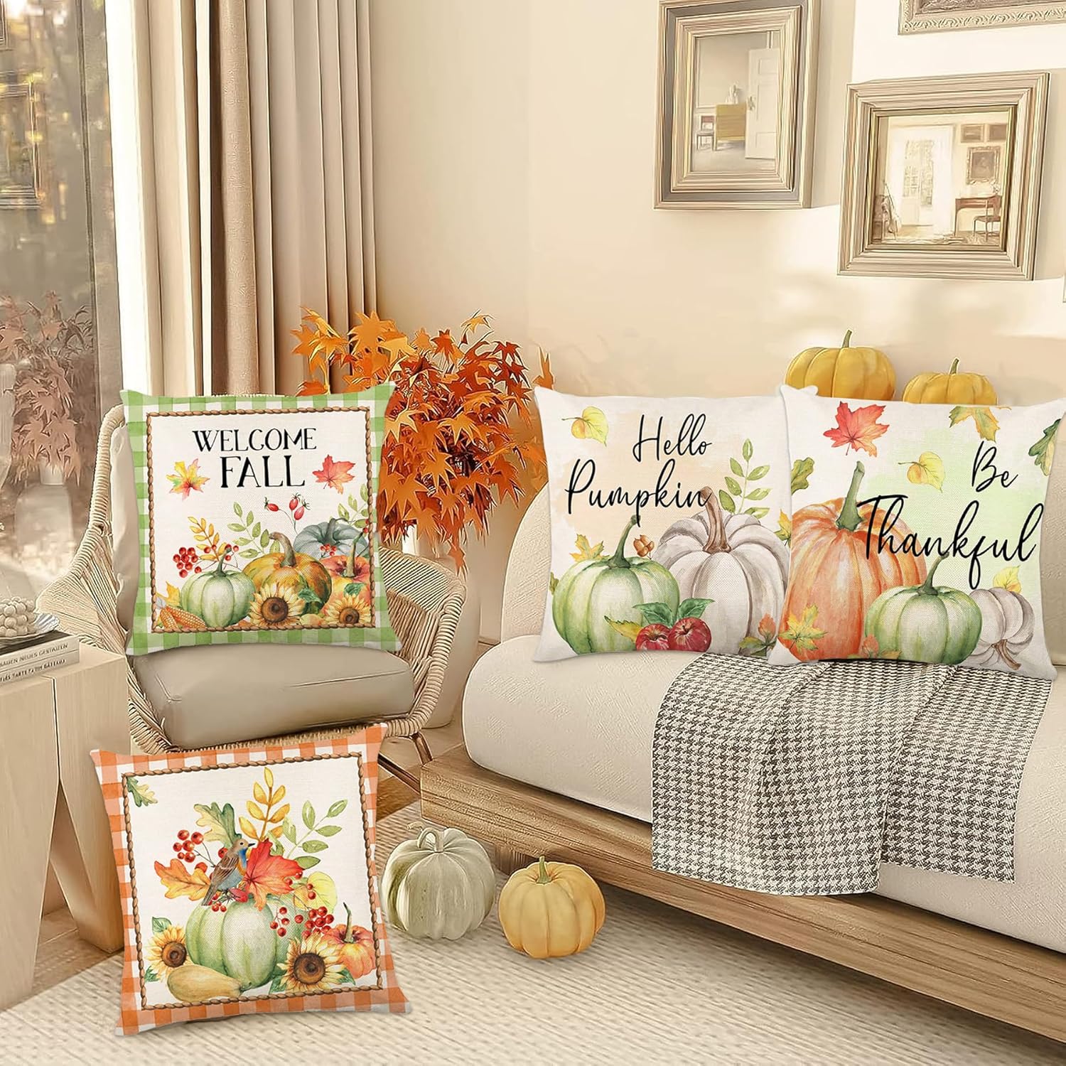 Lot de 4 housses de coussin décoratives citrouilles 45 x 45 cm, pour Thanksgiving, pour canapé, salon, chambre, jardin, décoration d'intérieur - 5